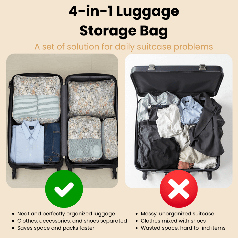 4-Piece Travel Packing Cubes Set, Luggage Organizer Bags with Mesh Top, Lightweight Clothes Storage Pouches, Green Floral Pattern