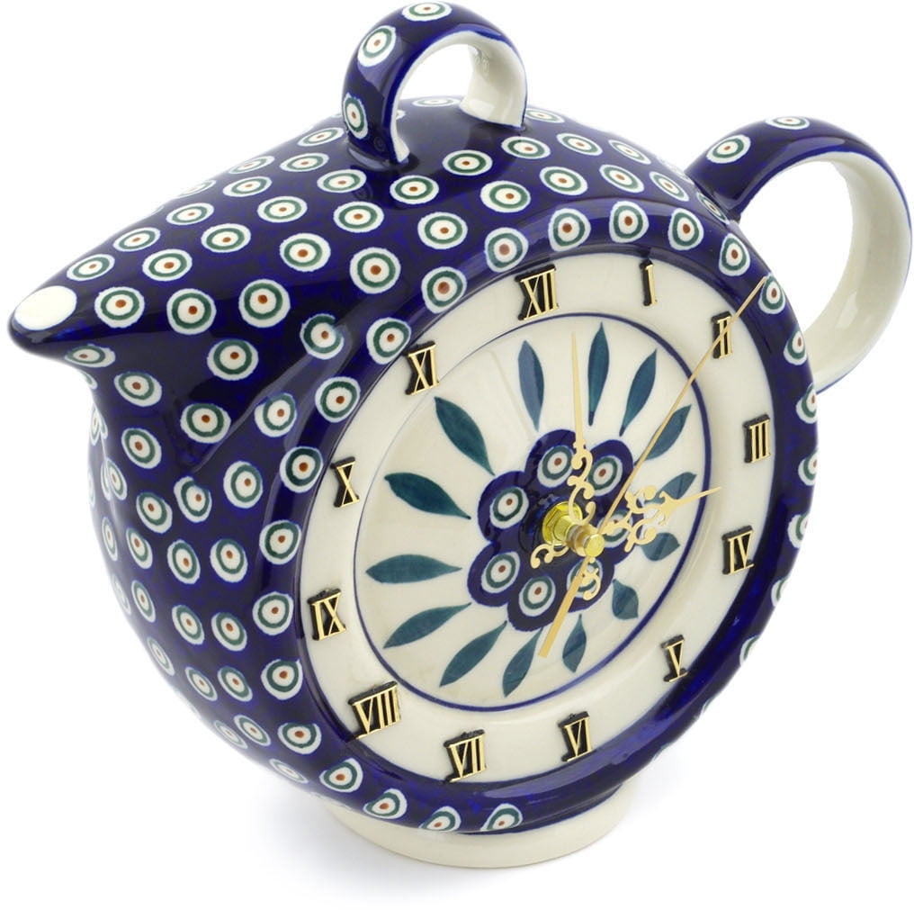 Polish Pottery 11¾inch Clock (Peacock Leaves Theme) Hand Painted in