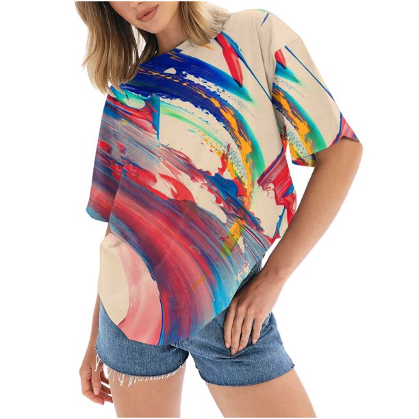 Blusa informal de manga corta con estampado de teñido anudado y cuello redondo para mujer OAVQHLG3B Store lin121212