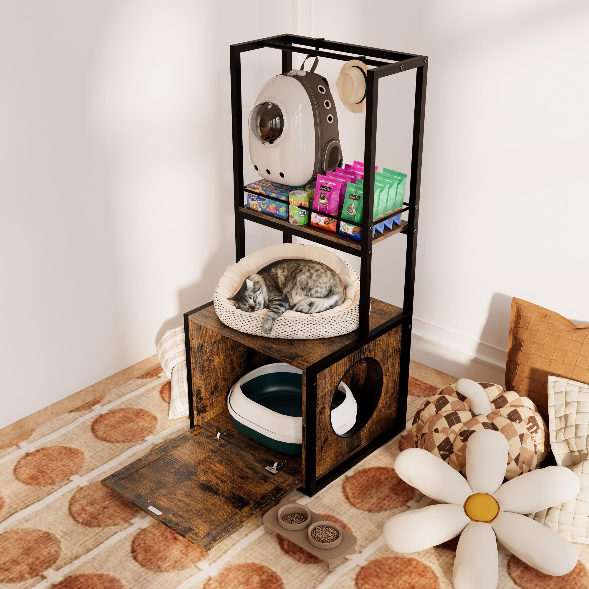 Kadyn 55" Wooden Cat Litter Box Cover Enclosure with Storage Shelves, Hidden Cat House Washroom, Spacious Storage, Fit Most of Litter Box, Brown