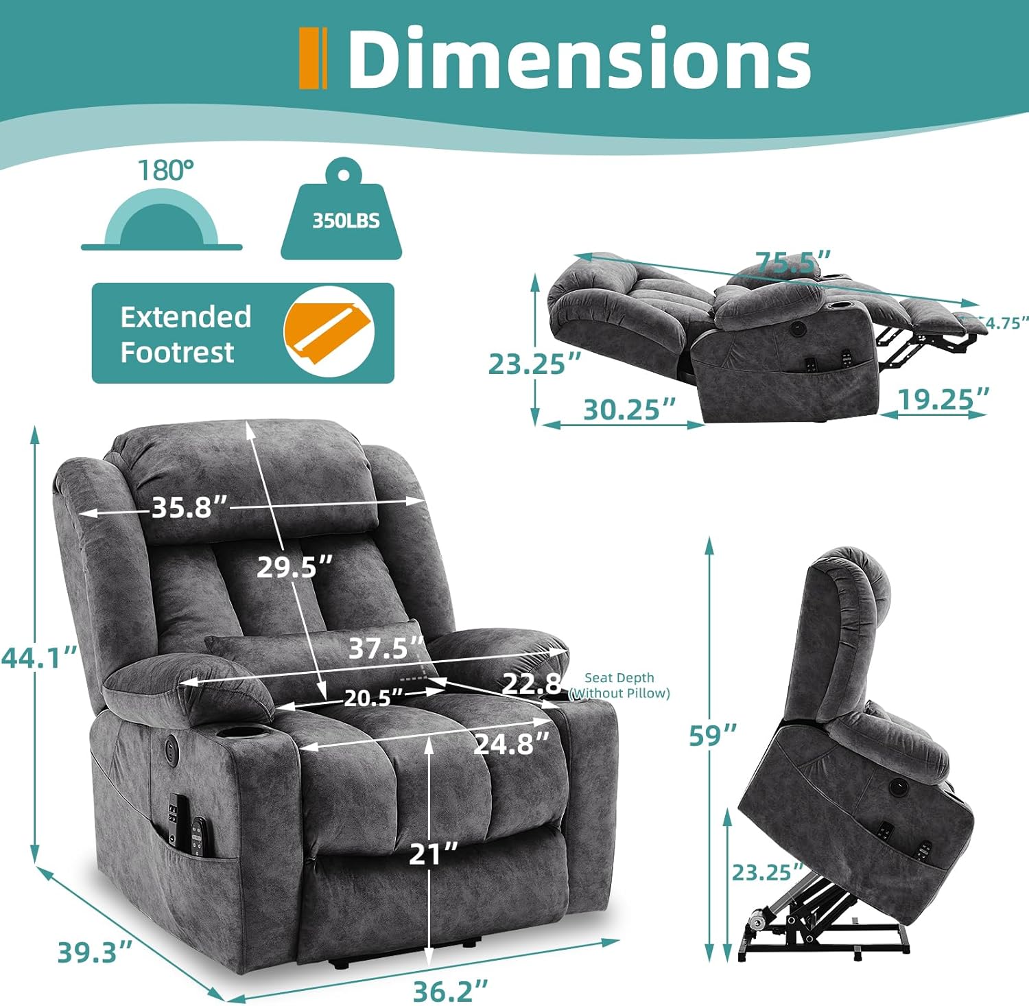 MEETWARM Oversized Dual Motor Lay Flat Power Lift Recliner Chair for Elderly with Heat Massage, Large Sleeping Electric Recliner with Extended Footrest, Lumbar Pillow, USB & Type-C Ports, Plush-Gray