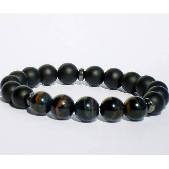 Natural Matte Black Onyx & Tigers Eye 10mm Round Shape Smooth Cut Beads Stretchable Bracelet for Men & Women.
