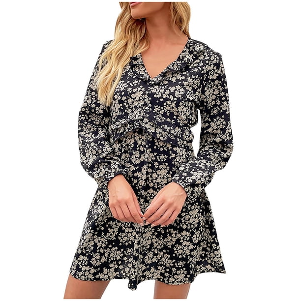 Mini vestido con cuello en V y manga larga con estampado floral informal de moda sexy para mujer Pompotops hdfakjf6307