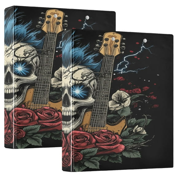 WOBOGO Blue Hair Skull Guitar Pattern File Folders Extra Large Capacity to Hold 200 Sheets of Documents Hard Shell Ring Binder for School Home Office