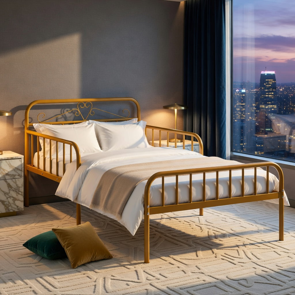 Yardi Yarda Twin Size Bed Frame with Headboard and Safety Side Guardrails, Simple Bed Frame for Indoor, Gold