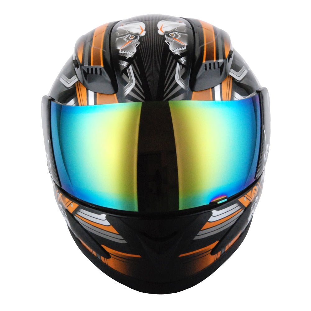 1STORM MOTORCYCLE BIKE FULL FACE HELMET HJDJ11 MECHANIC SKULL ORANGE