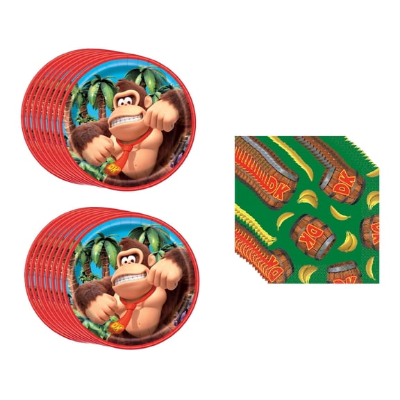 Donkey Kong Birthday Party Supplies Bundle includes 16 Small Paper Plates, 16 Napkins