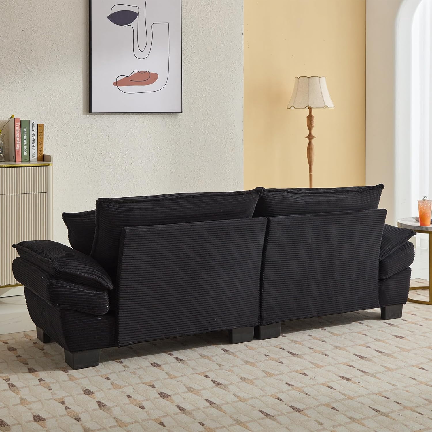 AENKYO 84" Corduroy Loveseat Sofa with Pillows, Modern 2-Seater Couch for Living Room,Black