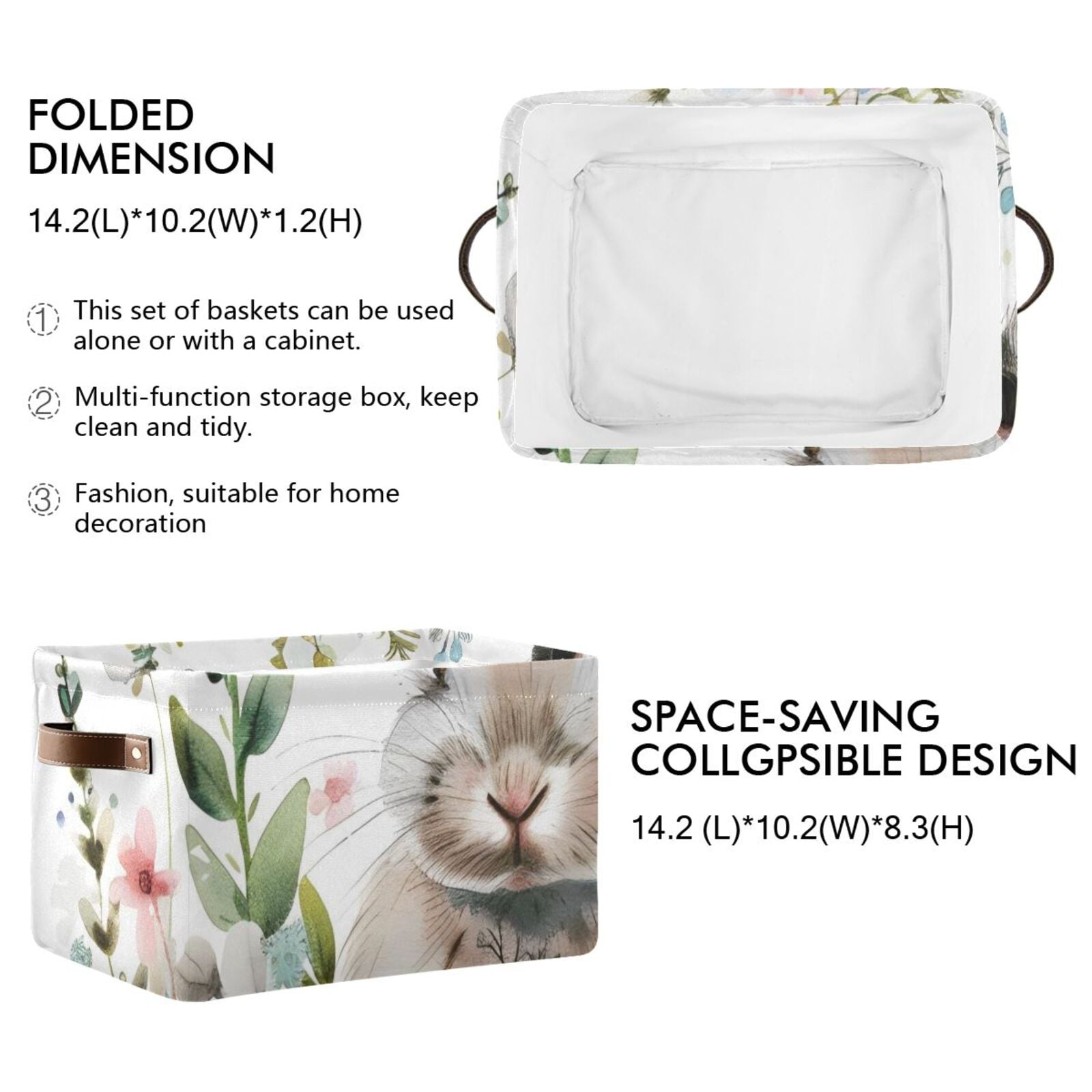 Bunny in Floral Flowers Rabbit Storage Bins Baskets With Handles Storage Box Clothes Organizer Organization Toys