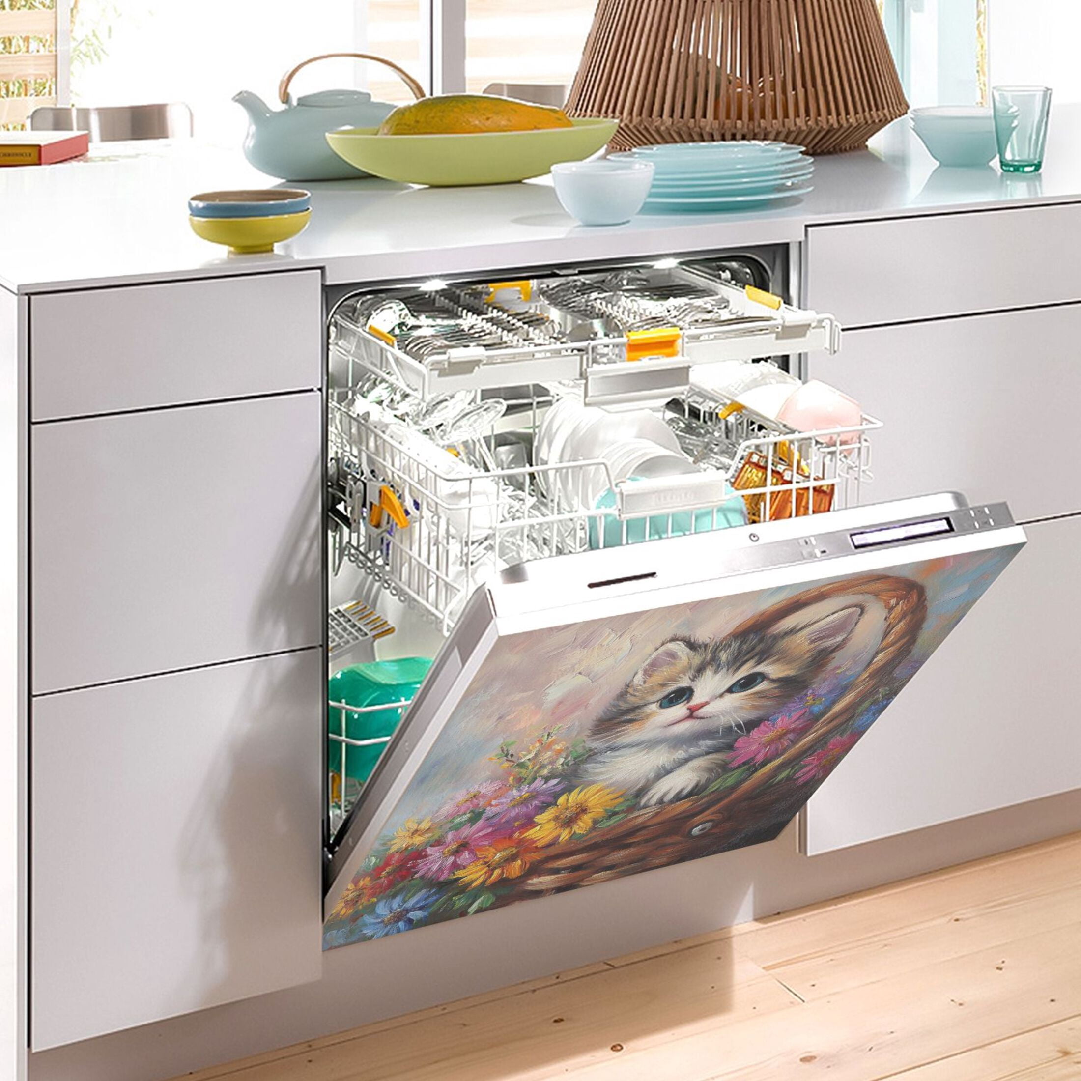 Dishwasher Magnetic Sticker 23x26 Inch Refrigerator Magnetic Sticker Washing Machine Magnetic Sticker Kitchen Panel Magnetic Sticker Home Decor Flower Basket Kitten