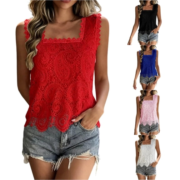 NinXxx Women‘s Lace Square Neck Tank Top Sleeveless Hollow Out Blouse Red S