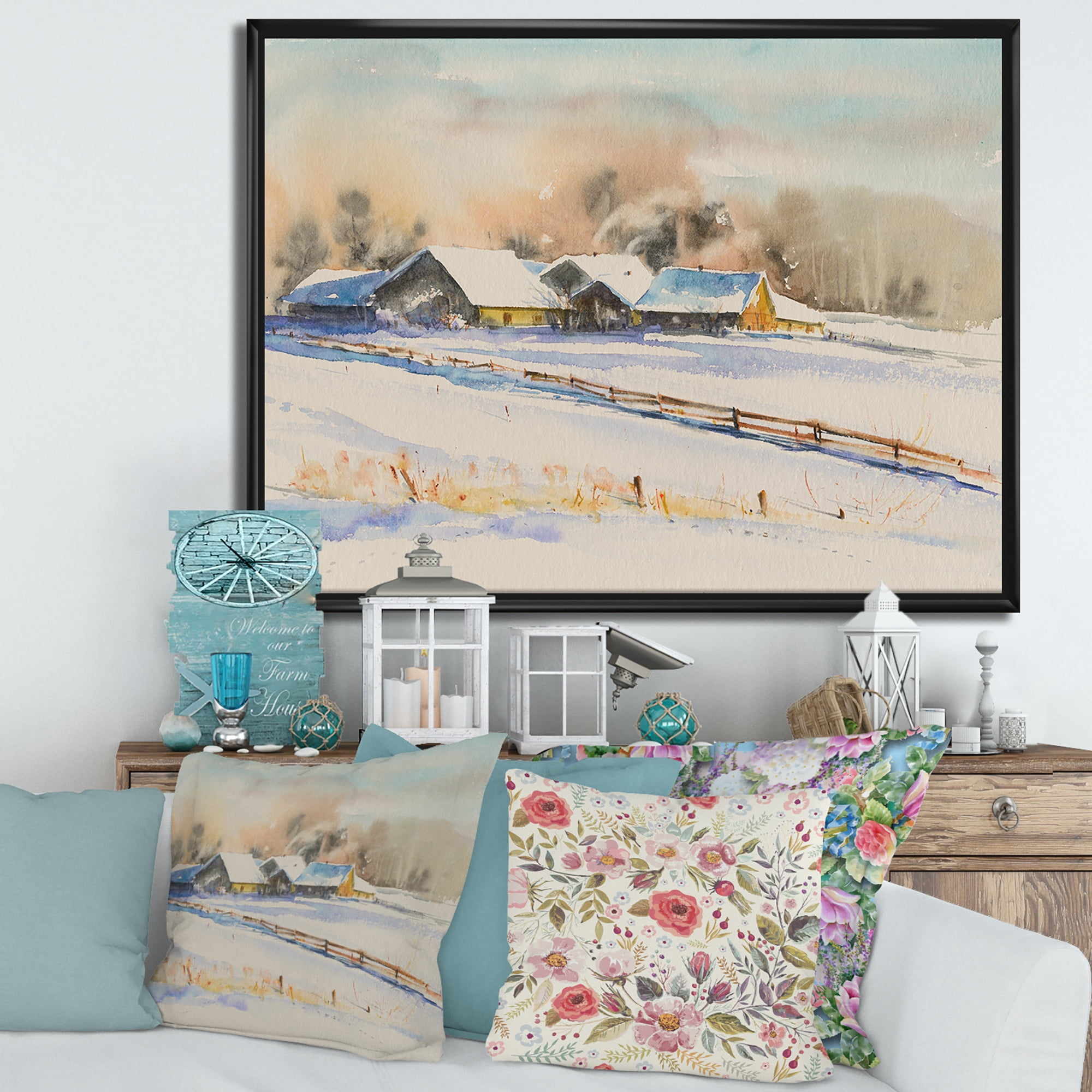 Designart 'Small VIllage At Evening Covered With Snow' Traditional Framed Canvas Wall Art Print