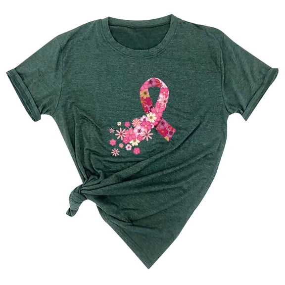 IROINNID Discount Breast Cancer T-Shirt for Women Pink Ribbon Loose Summer Loose Print Round-Neck T-Shirt Short Sleeve Blouse,Green
