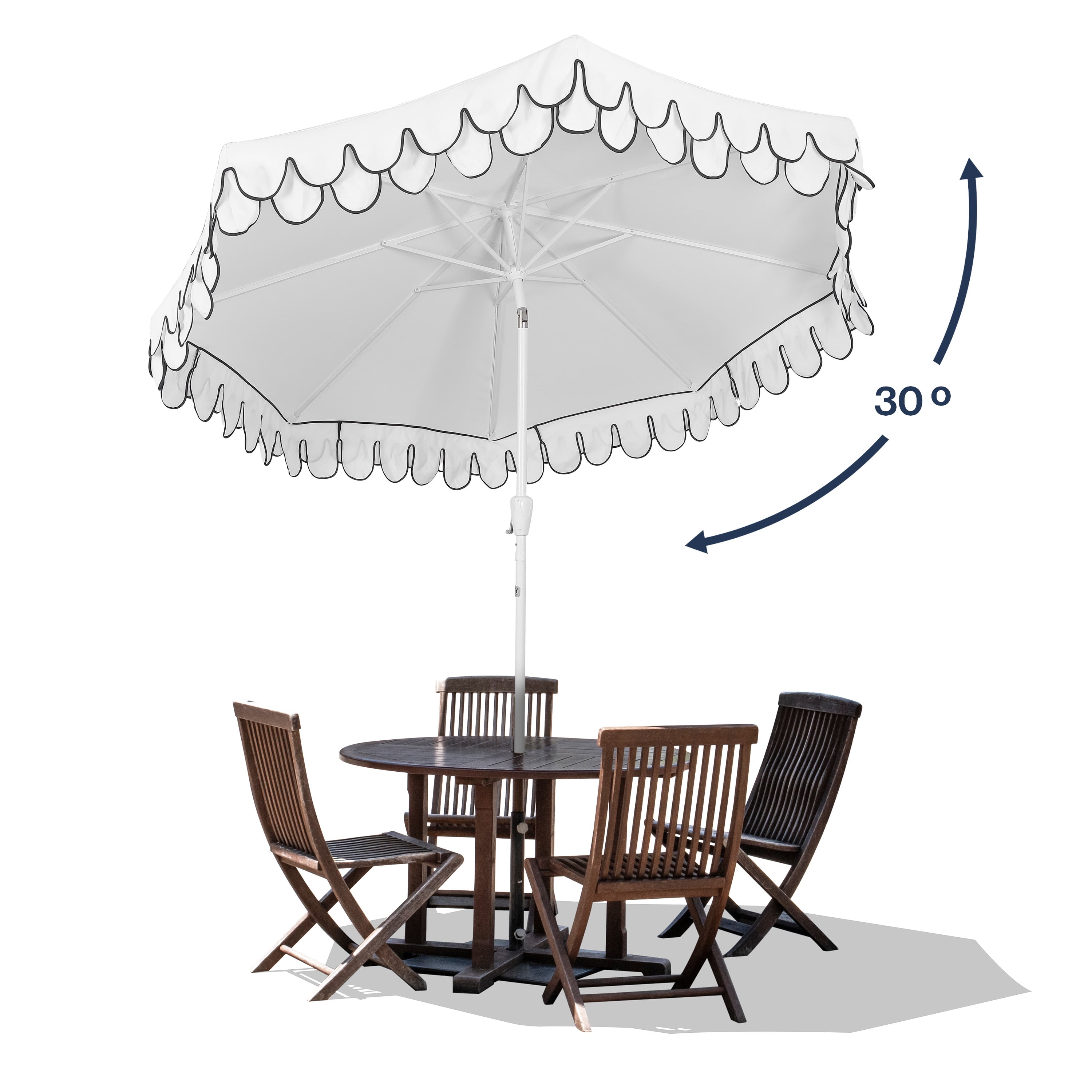 JONATHAN Y Tracy 9 ft. Market Patio Umbrella, Classic Mid-Century Scalloped Fringe, with Auto-Tilt Crank, Wind Vent and UV Protection, White/Black, White Pole