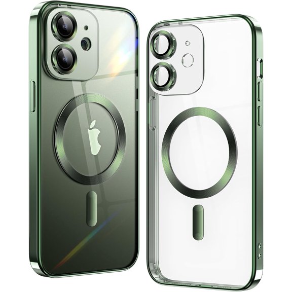 Matallic Glossy Clear for iPhone 12 Case Compatible with MagSafe with Plating Full Camera Protection [Strong  Attraction] Slim Phone Case Shockproof for Women Girls(6.1")-Alpine Green