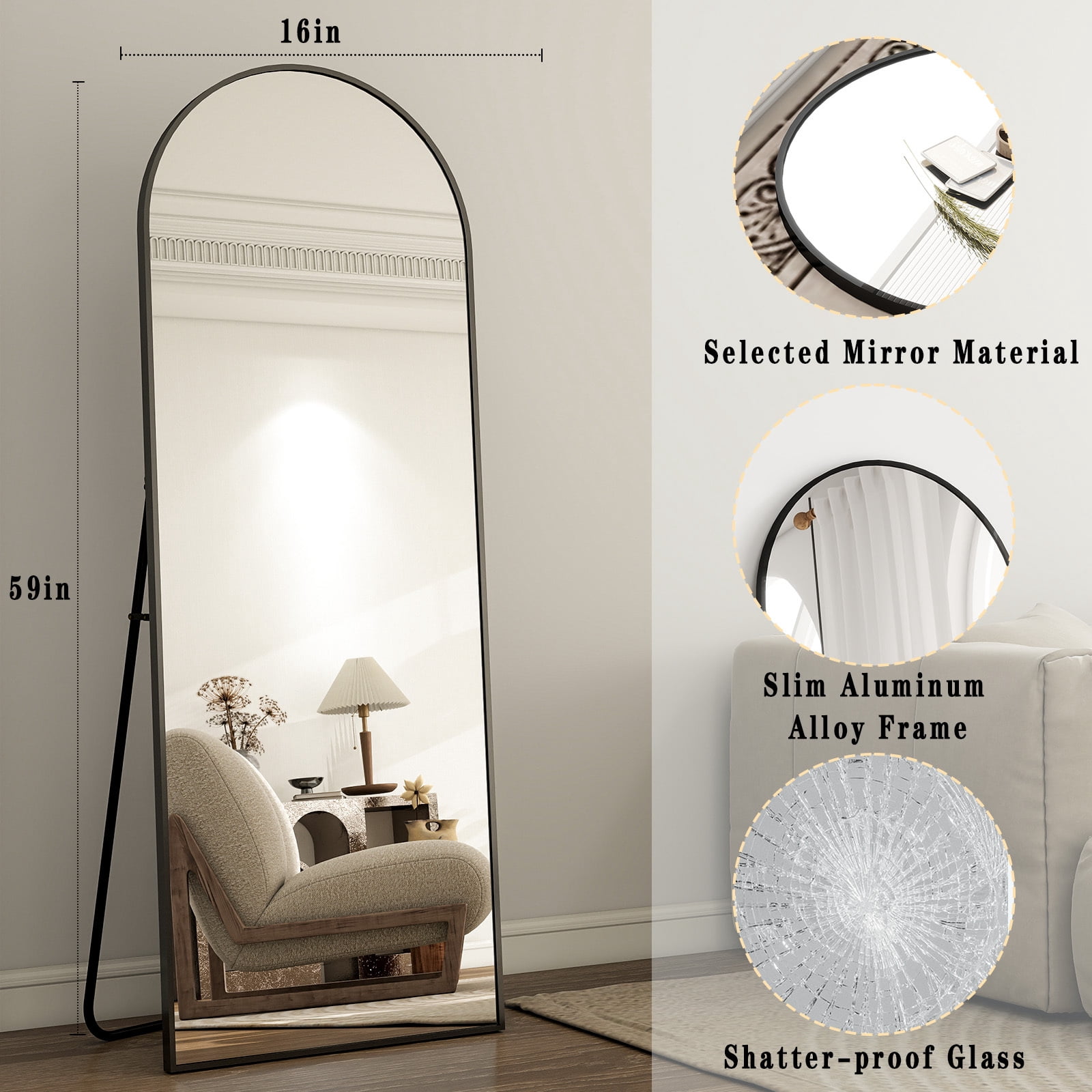 Mirrasia 21"x56" Arched Full Length Mirror, Modern Standing Mirror Floor Mirror, Black