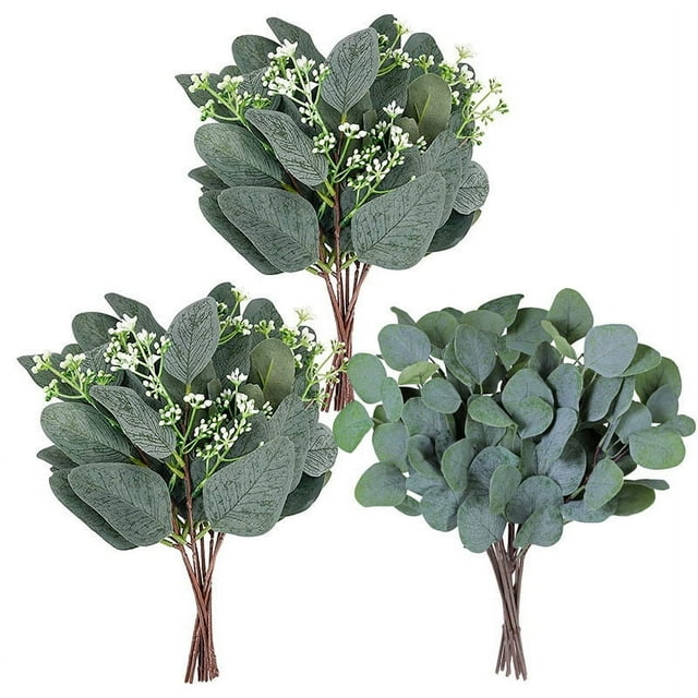 Zhuge 20 piezas de plantas verdes artificiales, 10 piezas de hojas de eucalipto ovaladas artificiales mixtas, tallos de semillas blancas y 10 piezas de decoración de plantas verdes