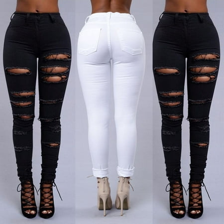 Woman Denim High Waist Skinny Jeans Distressed Jeggings Trousers Stretch Ripped Hole denim
