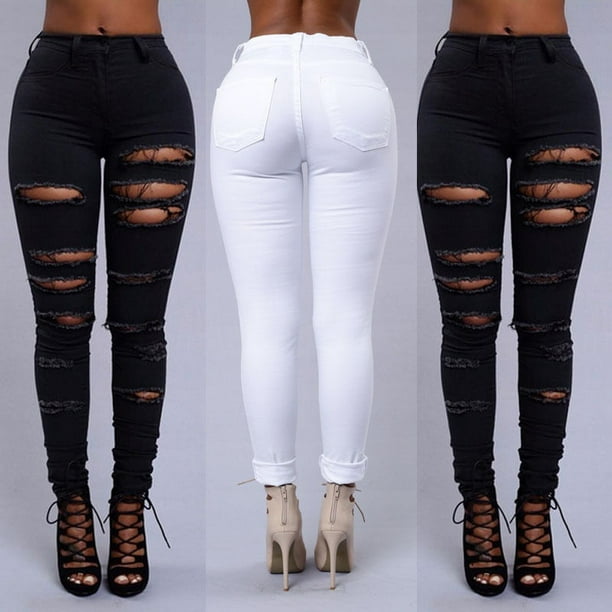 Woman Denim High Waist Skinny Jeans Distressed Jeggings Trousers Stretch  Ripped Hole denim pants