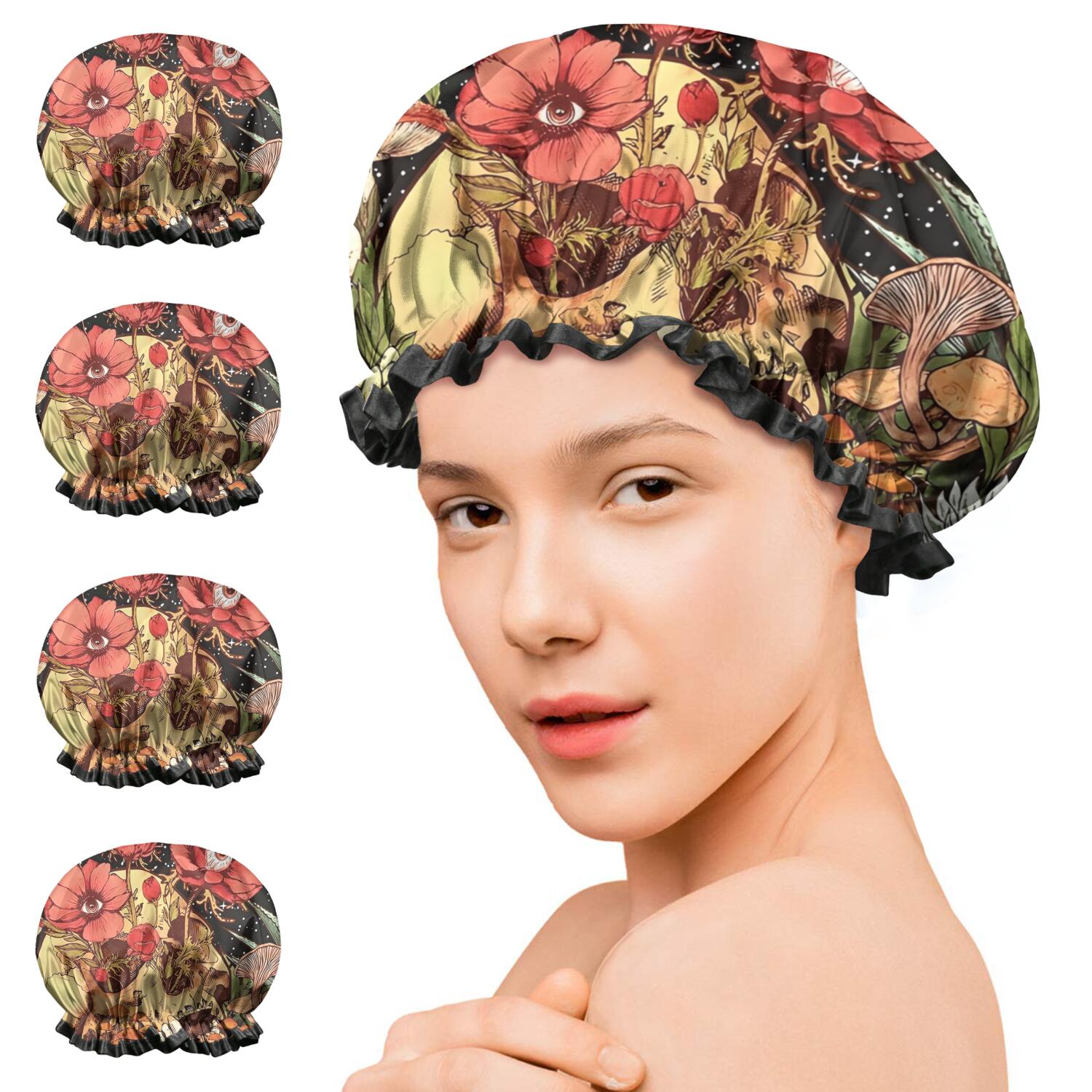 Shower Caps,Black Gothic Skull Flower Pattern Waterproof Shower Cap for Women 4 Pieces,Double Reusable Hair Cover for Shower PEVA Elastic Stretch Hem