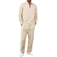 thumbnail image 2 of Men's Spring Fall 2-Piece Casual Set, Long Sleeve Striped Shirt and Half-Zip Square Neck Top with Drawstring Pants, Stylish Waffle Knit Outfit,Khaki,XL, 2 of 9