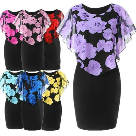 - Women's Summer Dress Floral Dress Fashion Party Dress Round Neck High Waist Chiffon Dress