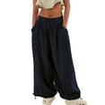 thumbnail image 2 of Womens Casual Loose Fit Wide Leg Cotton Pants Drawstring Stitching Baggy Pants Trousers with Pockets Dark Blue S, 2 of 9