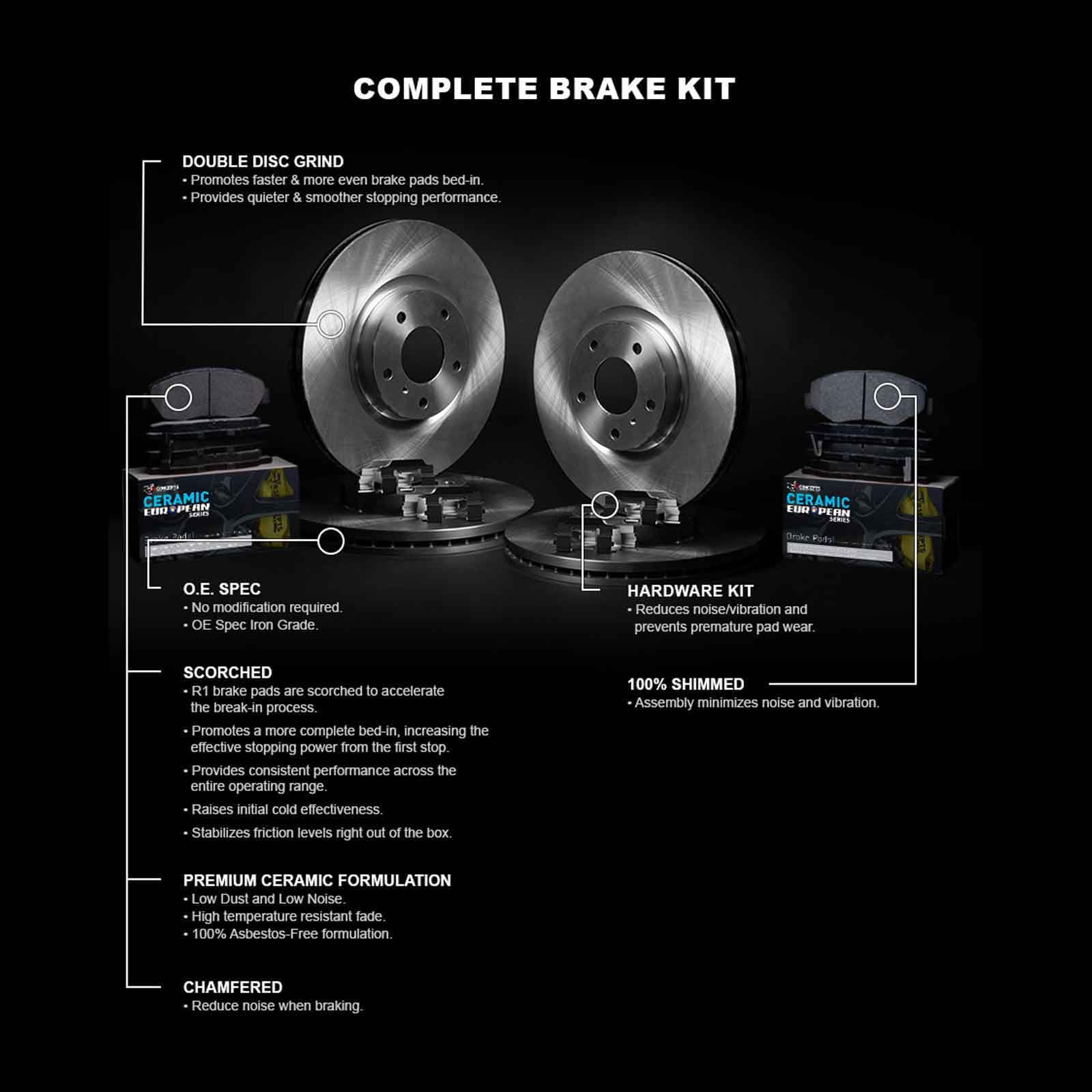 R1 Concepts WFTH2-31034 Front Rear Brakes and Rotors, 4 Brake Rotors, 8 Brake Pads and Hardware Kit