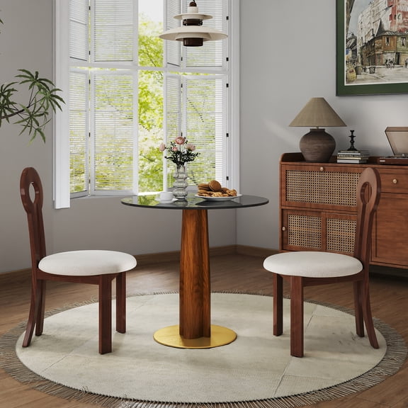 Modern Round Dining Table, 33.5" Tempered Glass Table with Wooden Leg & Gold Base, 2 - Person Kitchen Table for Small Space, 150lbs Weight Capacity(Only the Negotiation Table)