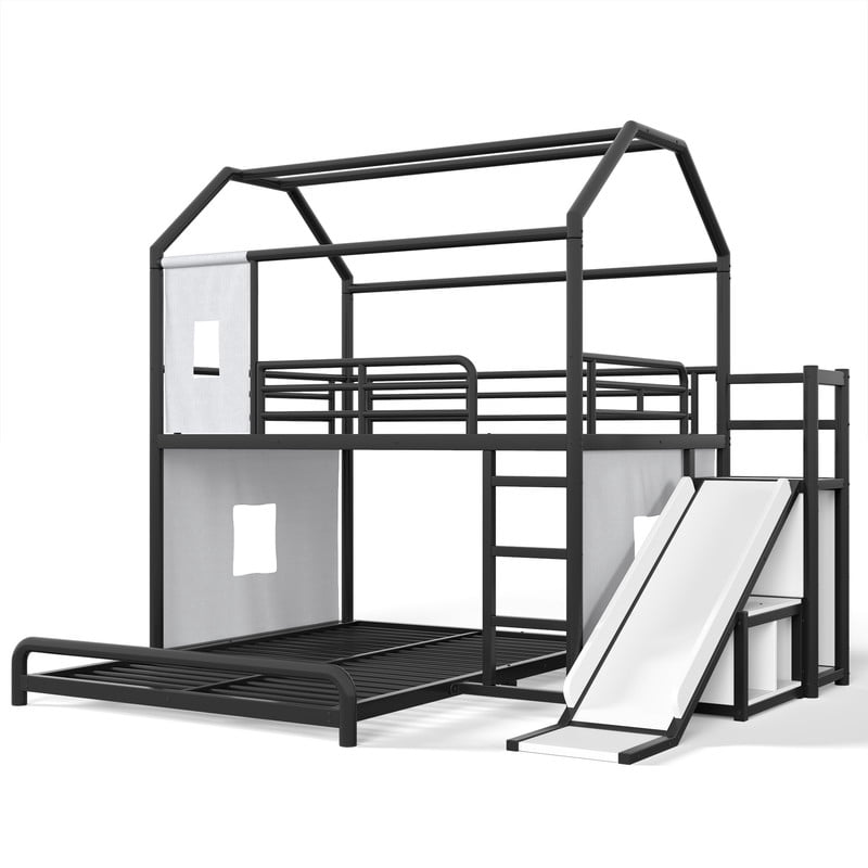 Full Over Full Metal Bunk Bed with Slide, Ladder, LED Light, Privacy Curtain and Movable Storage Cabinet, House-Shaped Kids Bunk Bed with Hanging Rod, No Box Spring Required