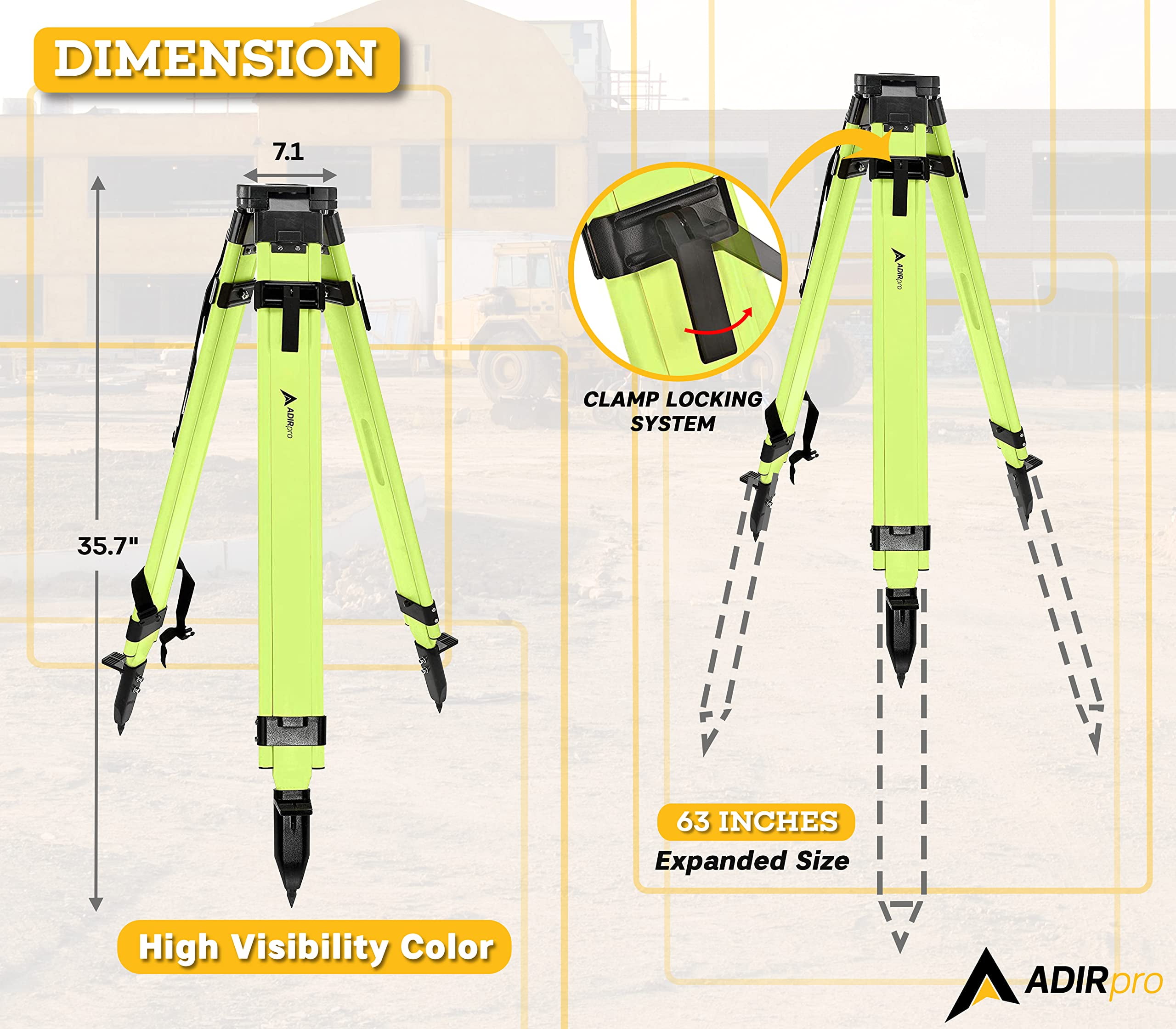 AdirPro Universal Survey Tripod – Laser Level Tripod – Transit Level Tripod - Quick Clamp - Heavy Duty Contractor Tripod 5/8” x 11” Thread (Green Aluminum)