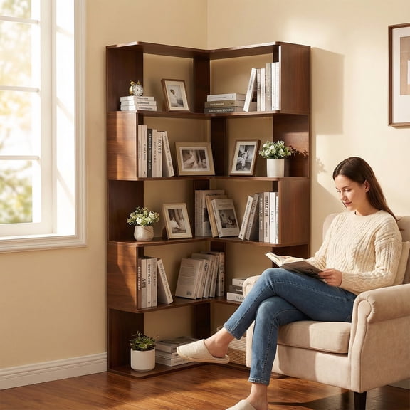 SESSLIFE 6 Tier Corner Bookshelf, 66" Tall L-Shaped Corner Shelf with Baffle, Freestanding Open Display Bookcase for Living Room, Bedroom, Home Office, Walnut