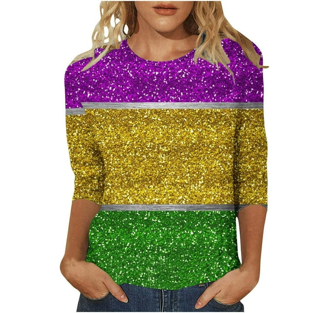 PMUYBHF T-Shirt Mode Décontracté Col Rond Carnaval Imprimé 3D Manches Sept Quarts pour Femmes 2583 m