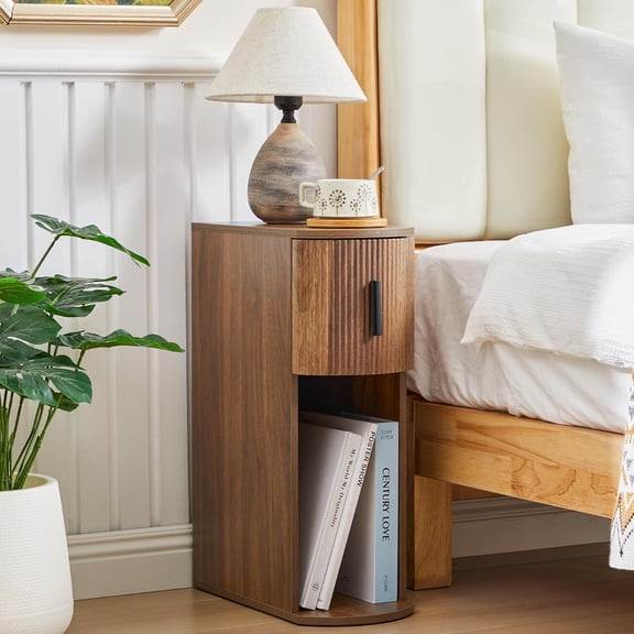 Fluted Narrow Nightstand for Bedroom, Curved Slim Storage End Table with Drawer, Side Table, Wooden Bedside Cabinet for Small Spaces, Walnut