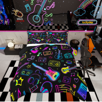 Manfei Teens Neon Guitar Bedding Comforter Set, Hip Hop Pop Music Twin Comforter Sets, Dreamy Cartoon Stars Reversible Bedding Set, Super Cozy Room Decor, 2 Pieces