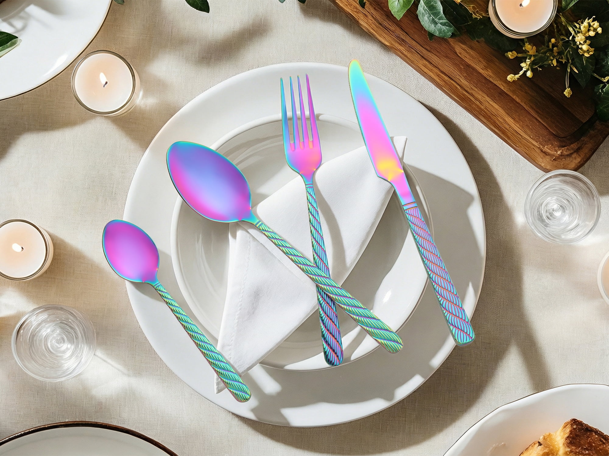 Unique Bargains 4 Piece Stainless Steel Flatware Set with Knife Spoons and Fork Colorful 4