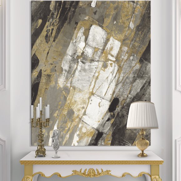 Designart - Gold, Black and White Hanpainted Abstract - Traditional Canvas Artwork