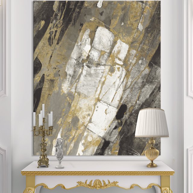 Designart - Gold, Black and White Hanpainted Abstract - Traditional Canvas Artwork