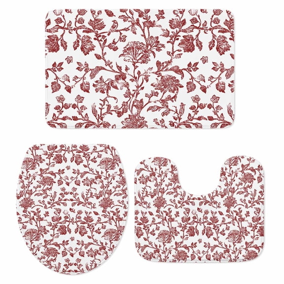Red Boho Flower Bath Mat 3 Piece Bathroom Rug Set, Vintage Paisley Farmhouse Pattern Non Slip Bath Rug Contour Mat and Toilet Lid Cover, Absorbent Shower Mats Soft Bath Rugs and Mats Sets