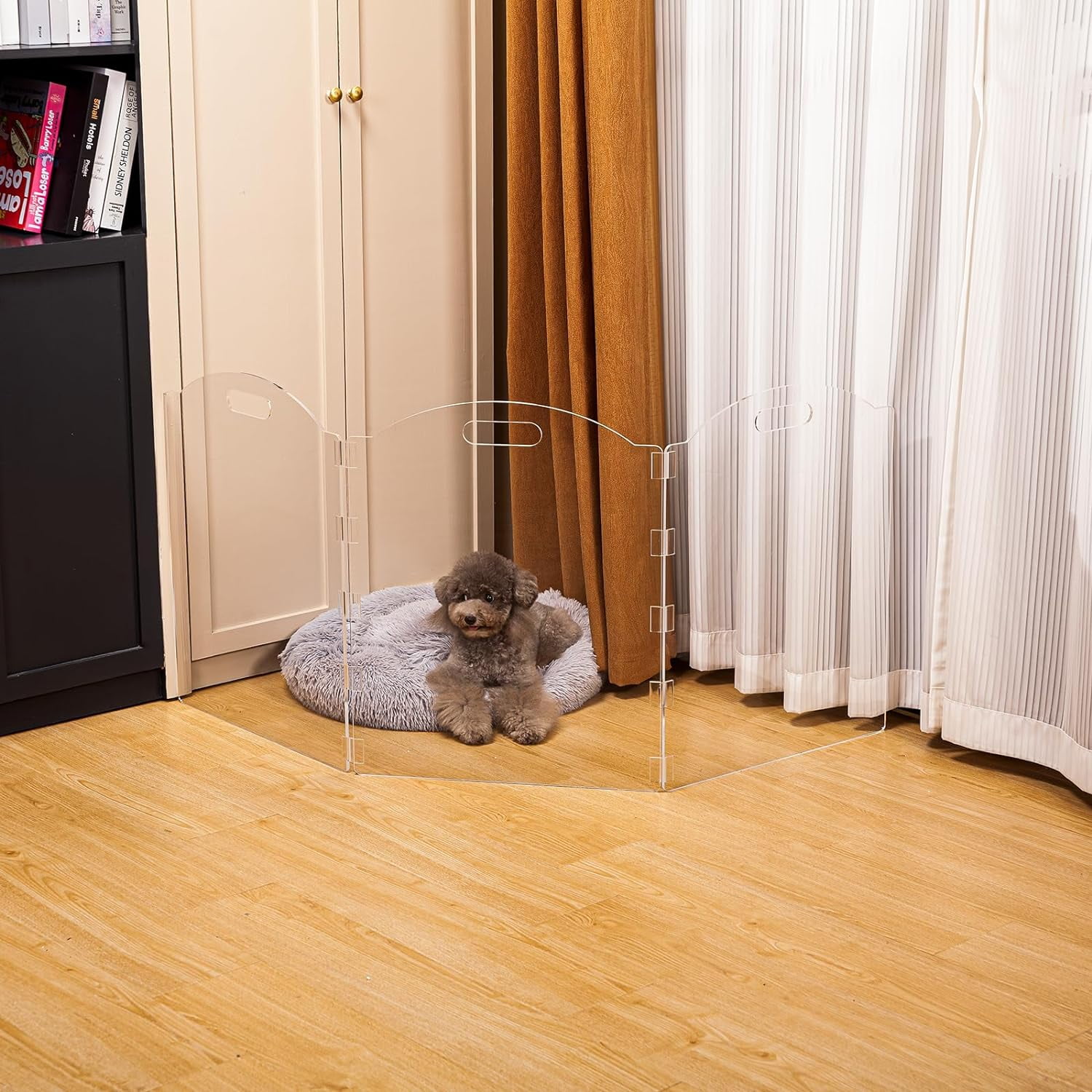 Clear Acrylic Freestanding Dog Gates for The House – Folding 3-Panel Pet Gates for Doorways, Indoor Stairs, and Hallways, Transparent Barrier for Dogs, Puppies, and Cats