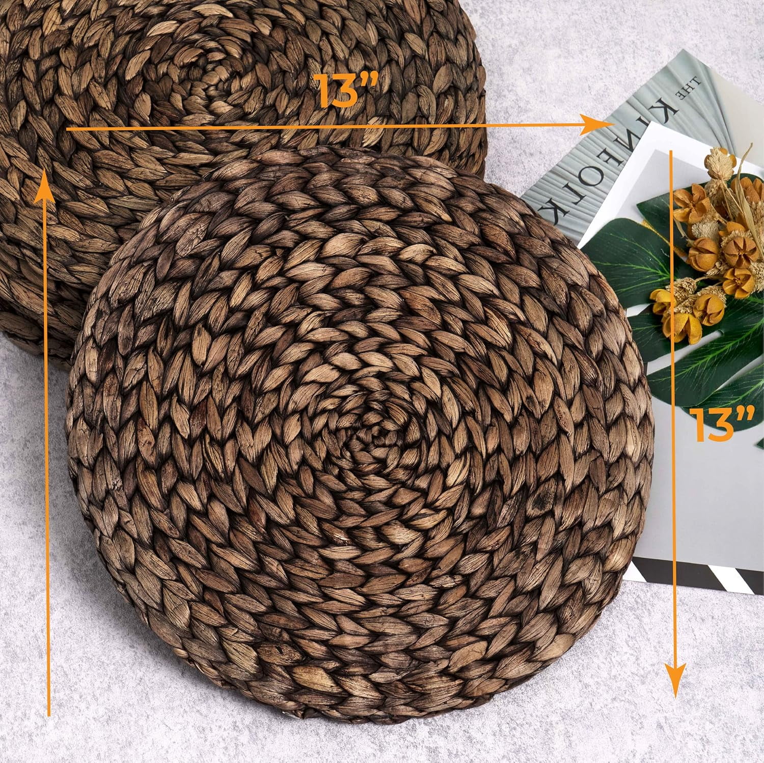 VASGOR 13" Rustic Woven Placemats Round Set Of 6 - Natural Water Hyacinth Weave Placemat for Dining Table, Large Handmade Placemats Heat Resistant Non-Slip