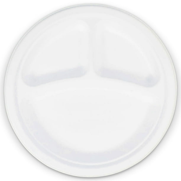 [125 Pack] 9 Inch Bagasse Compostable Plates 3 Compartment Divided