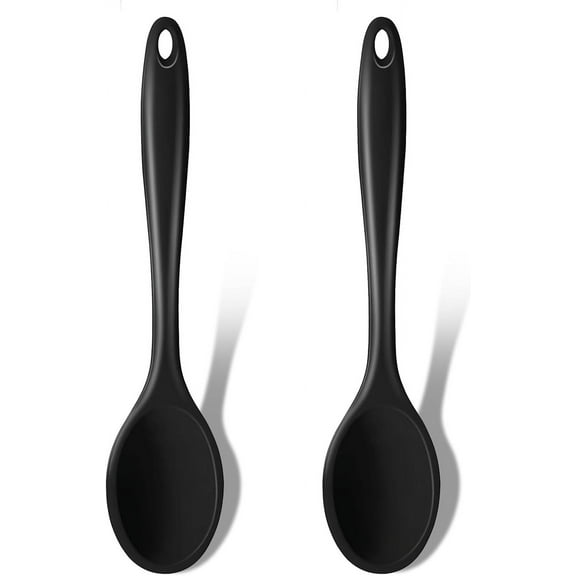 Silicone Cooking Spoons, 2 Pieces 11" Heat Resistant Silicone Kitchen Utensils Set Large Serving Stirring Spoons for Non Stick Cooking, Mixing, Basting, Baking, Black