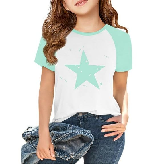 IYYVV Girls Summer T Shirts Casual Short Sleeve Crewneck Raglan Tops Star Graphic Tee Clothes for Kids 2-14 Years Mint Green 100