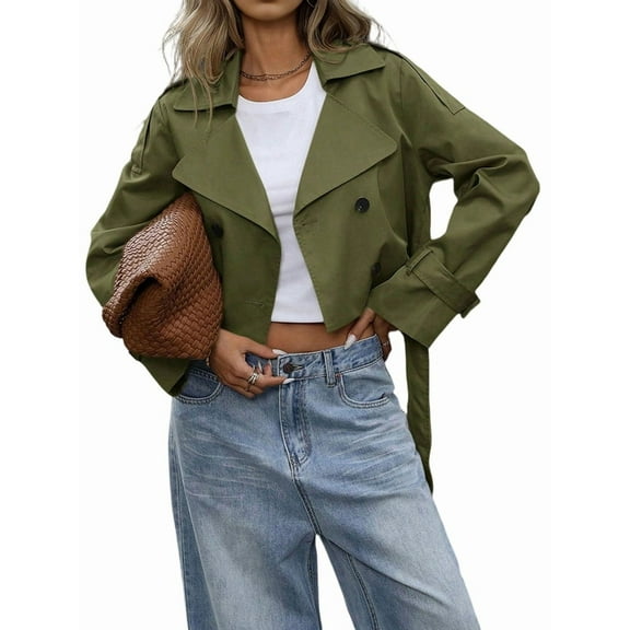 Womens Cropped Trench Coat Lapel Double Breasted Short Jacket Outwear Army Green S