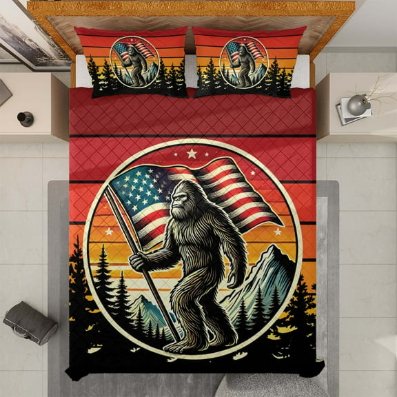 Lotusprinthandmade Patriotic Bigfoot America Flag Quilt Bedding Set, 5 Sizes