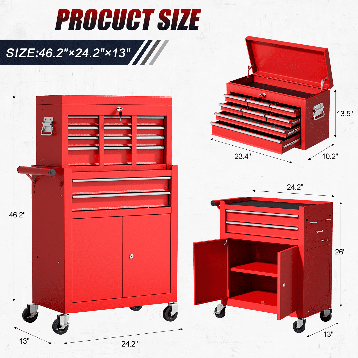 ZBOM 24.2 inch 10-Drawer Rolling Tool Chest, Sliding Metal Drawer Rolling Tool Storage Cabinet, Removable Toolbox Organizer for Workshop, Garage