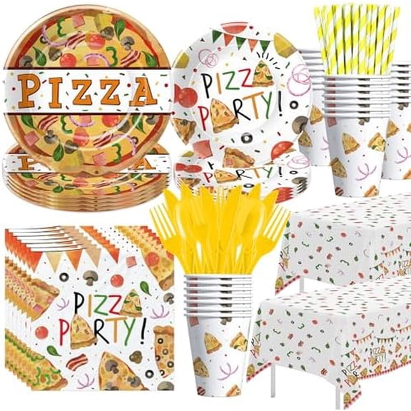 Pizza Party Decorations Tableware for Birthday Baby Shower - Pizza Birthday Party Supplies, Paper Plate, Cup, Napkin, Tablecloth, Disposable Cutlery, Straw | Serves 24$$Home Decor, Kitchen, & Other