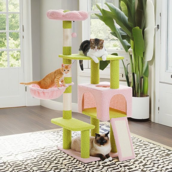 Pefilos 47" Flower Cat Tree Tower for Indoor Cats, Cat Condo with Pink Top Perch for Kittens, Cat Tree House with Sisal Scratching Posts, Pink
