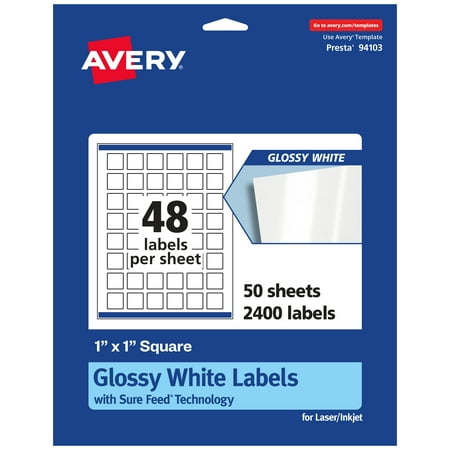 UPC: 0194793902778 | Avery Glossy White Square Labels with Sure Feed  1  x 1   2 400 Glossy White Labels  Print-to-the-Edge  Permanent Label Adhesive  Laser/Inkjet Printable Labels